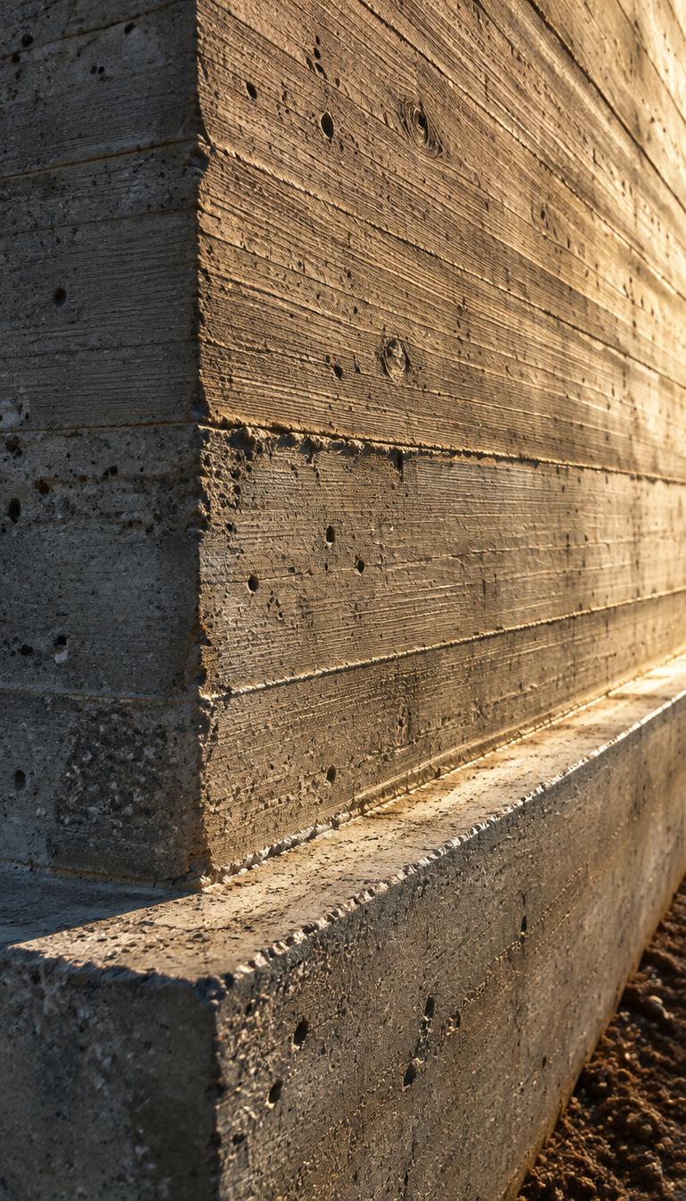 Detail of board-formed concrete foundation wall meeting its footing