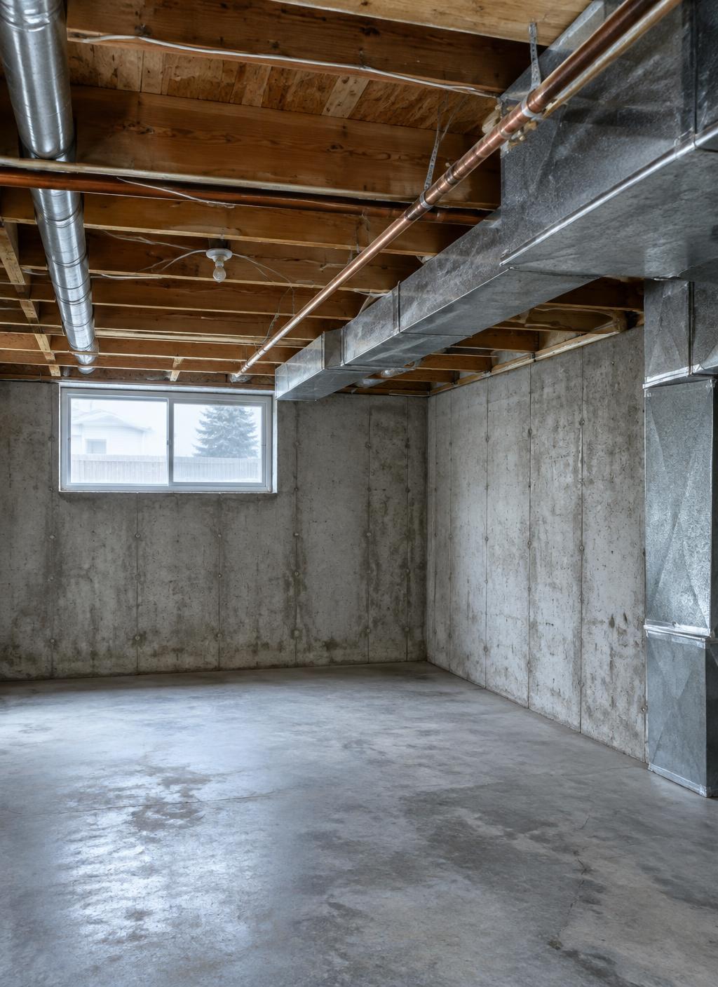 Illustrative unfinished Haysboro bungalow basement with ducts and copper line across low joists