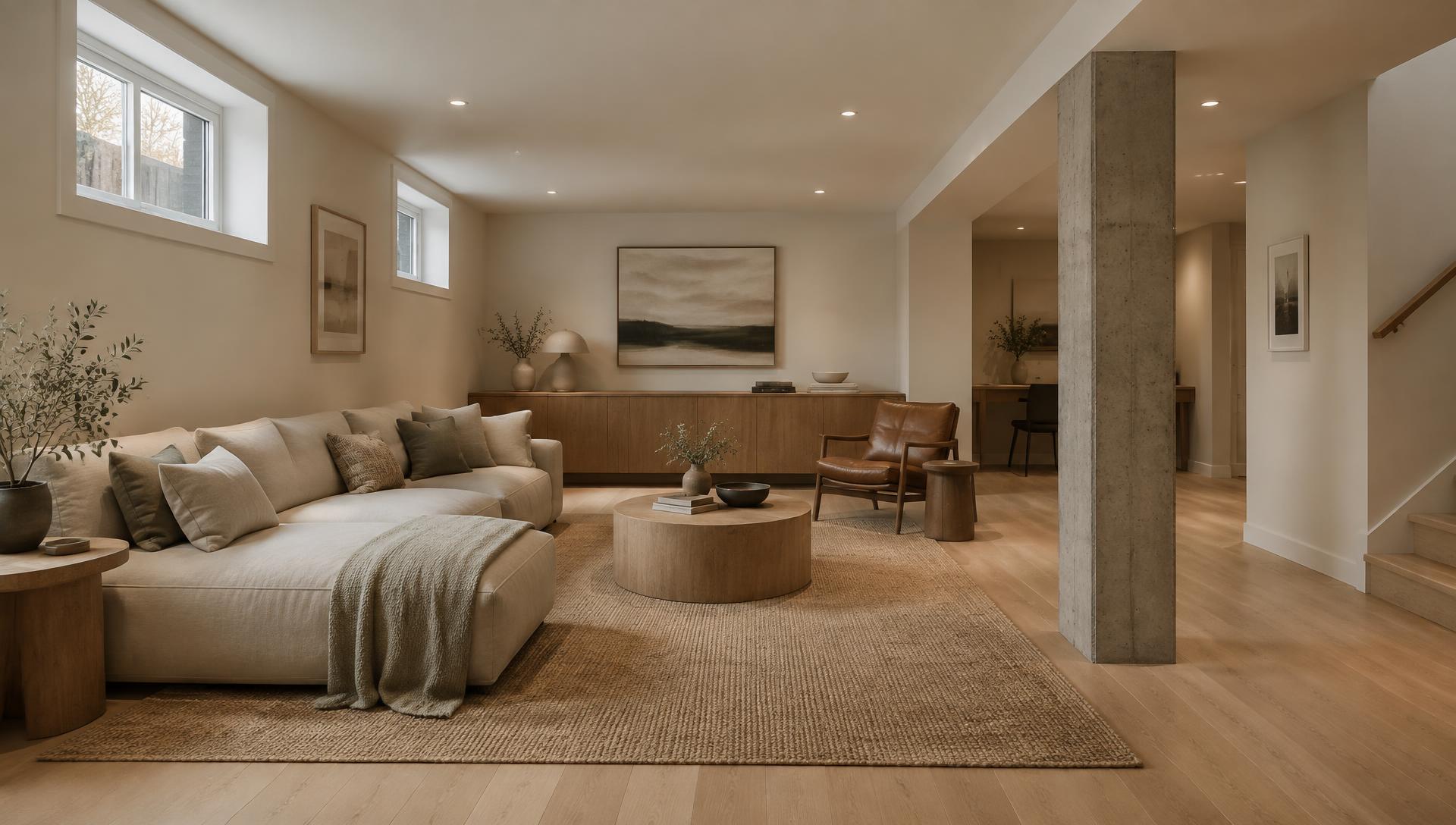 Concept of a beautifully planned, taller basement family room in a mature Calgary home